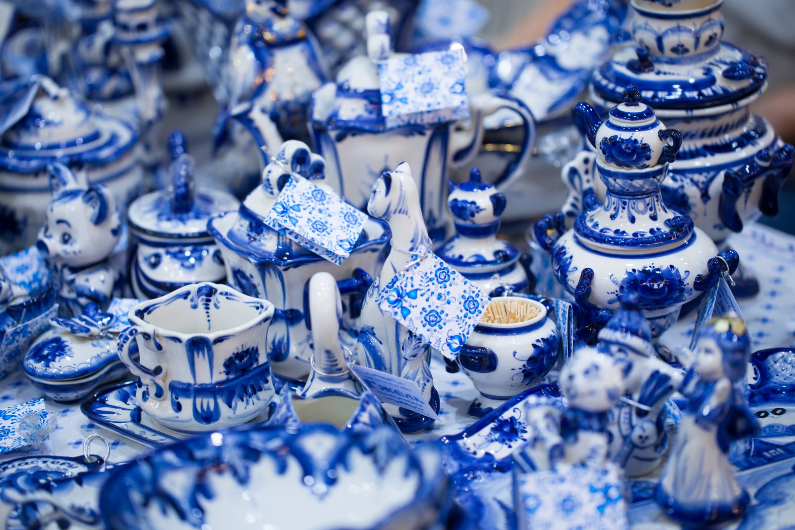 Blue pottery ceramics with traditional blue and white patterns