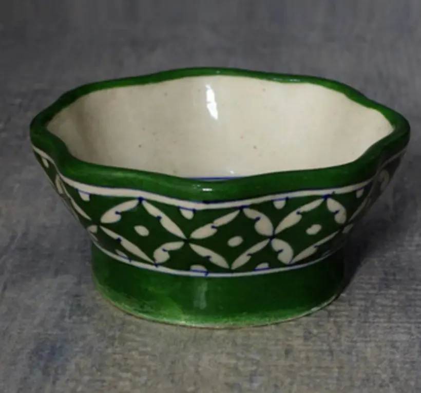 Blue Pottery Lotus Bowl Green Floral