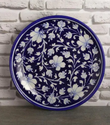 Blue Pottery Handmade Wall Plate Indigo Floral