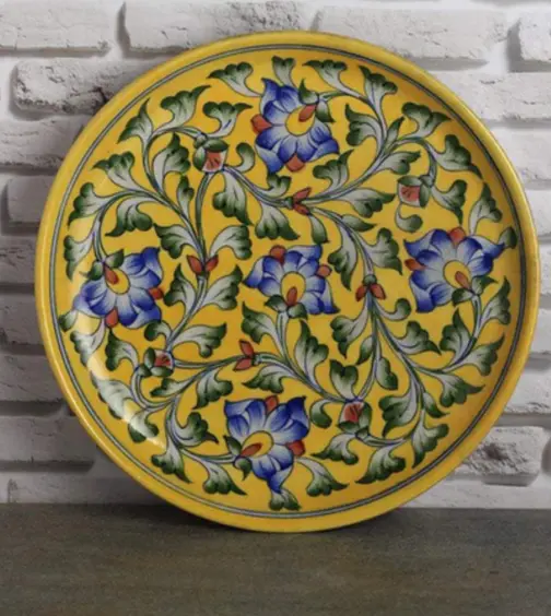 Blue Pottery Handmade Wall Plate Yellow Floral