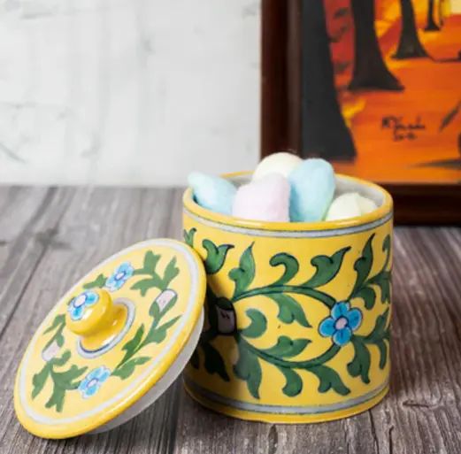 Blue Pottery Canister Jar Yellow Floral
