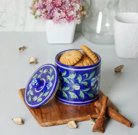 Blue Pottery Canister Jar Indigo Floral