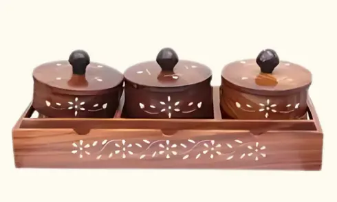 Wooden Tray with Container Set of 3