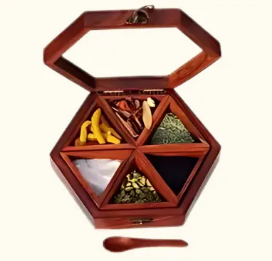 Wooden Spice Box Set with Spoon - 23.5 x 23.5 x 6 Cm