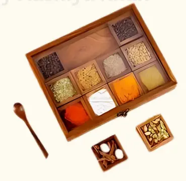 Wooden Spice Box Set with Spoon - 25.4 x 20 x 5.1 Cm (Design 2)