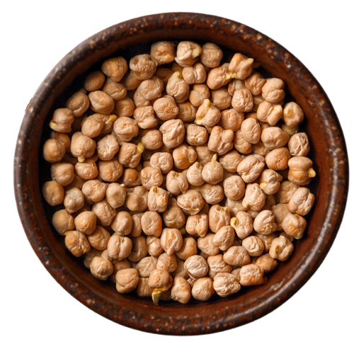 Vedafox premium large Kabuli chickpeas in a natural heap in a wooden bowl, showcasing uniform size, light beige color, and export-quality grade.