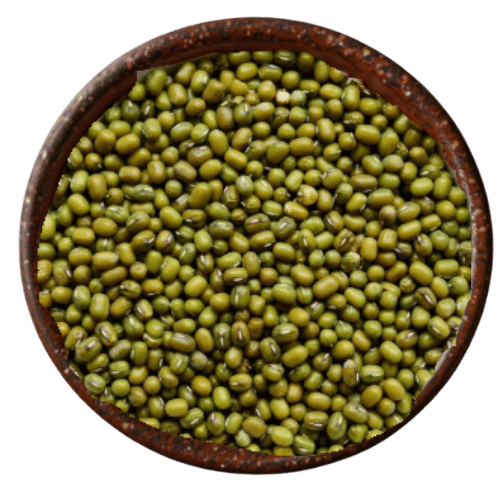 Vedafox premium moong gota in wooden bowl, showcasing bold-size whole green gram with uniform green color and high-quality appearance.