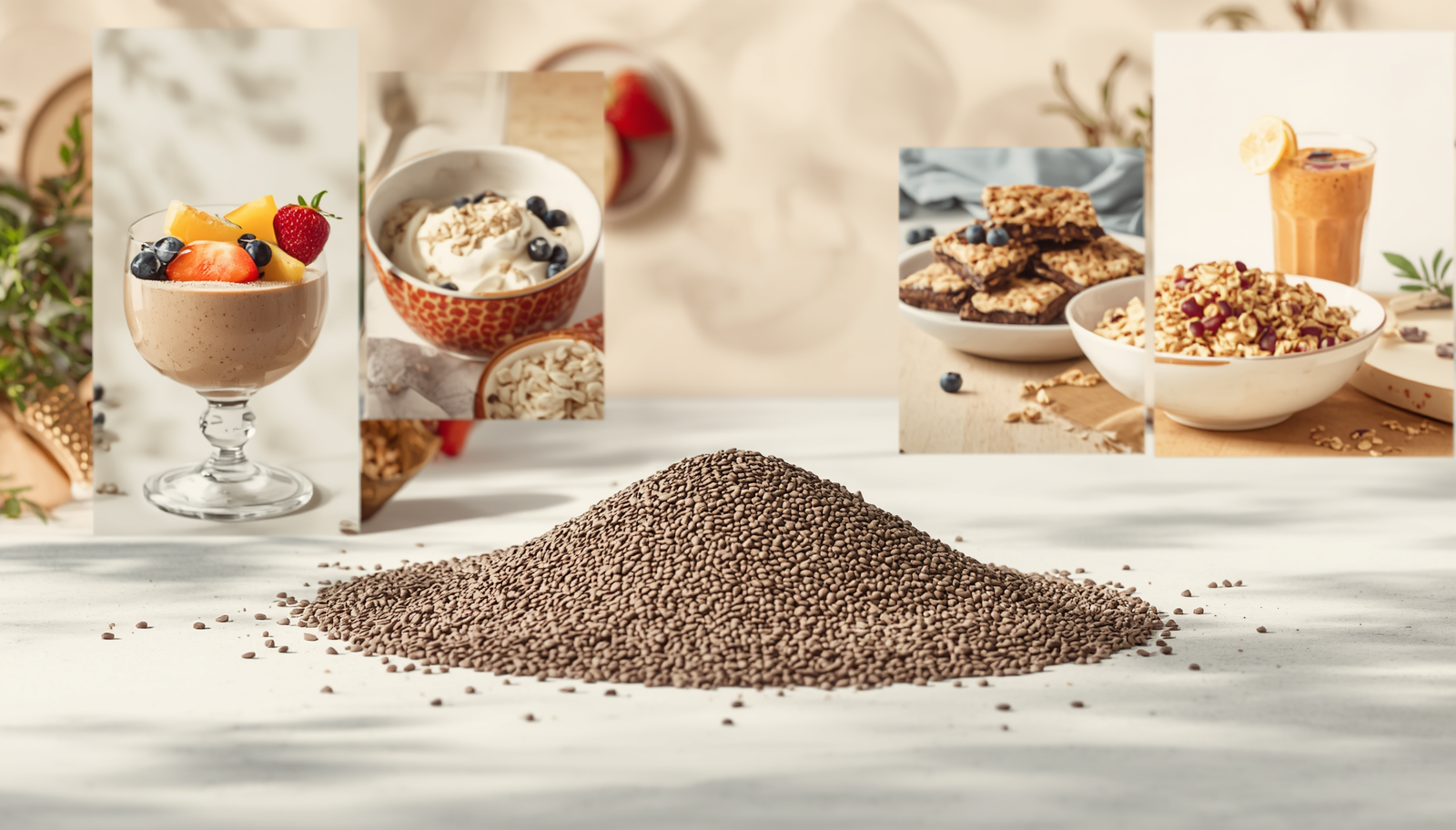 Premium chia seeds from Vedafox Group showcasing diverse applications in smoothies, health foods, bakery products, nutritional supplements and omega-3 rich superfood formulations
