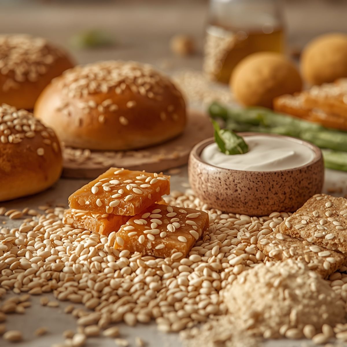 Premium sesame seeds from Vedafox Group showcasing natural, black and hulled varieties in tahini production, bakery applications and oil extraction processes