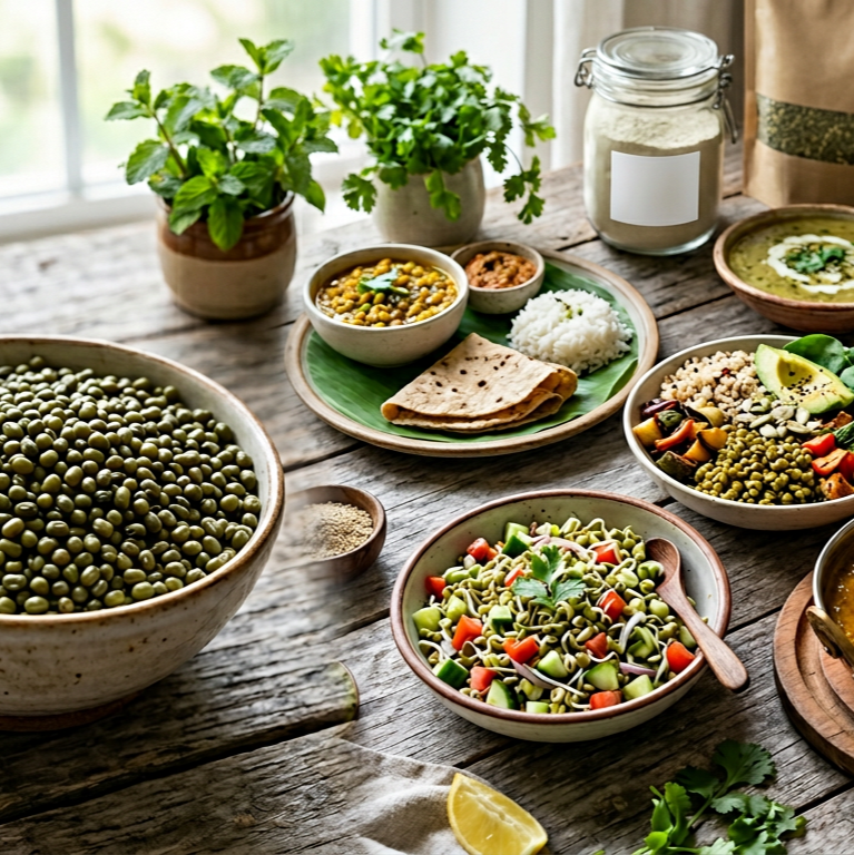Premium moong pulses from Vedafox Group showcasing green gram whole, gota, dal and mogar in traditional dal preparations, sprouting applications and health food uses